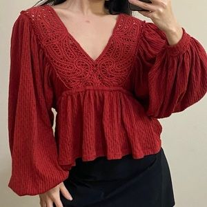 FREE PEOPLE Lace Trim BoHo V-Neck Sweater